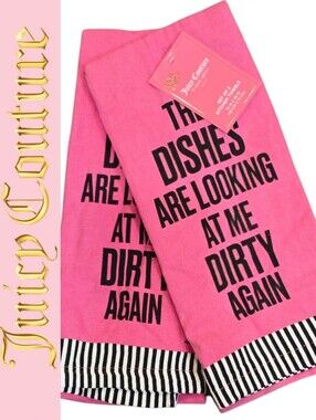Juicy Couture Pink Black Striped Kitchen Towels - Set of 2